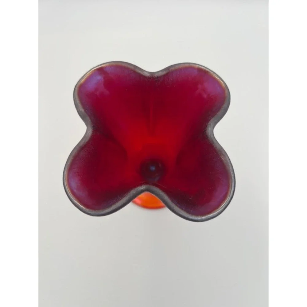 Fenton Art Glass Ruby Amberina Stretch Glass Cloverleaf Ruffled Trumpet Vase 8.5